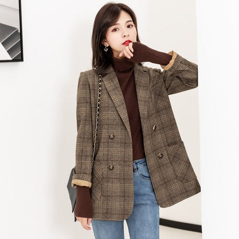 Vintage Double Breasted Office Ladies Plaid Blazer Long Sleeve Loose Korean Woolen Coat Jacket Women Blazers Female 2023 k1262