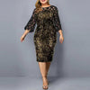 Vintage Dress Womens Summer Lady Dress Sequin Mesh Stitching Bodycon Hollow 3/4 Sleeve O-neck Midi Dress Elegant Dresses Robe