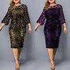 Vintage Dress Womens Summer Lady Dress Sequin Mesh Stitching Bodycon Hollow 3/4 Sleeve O-neck Midi Dress Elegant Dresses Robe