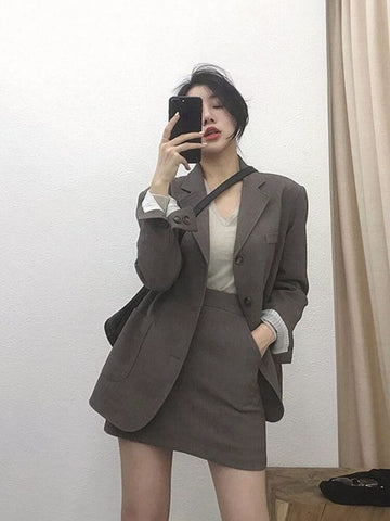 Vintage Elegant 2 Pieces Skirt Suits Women Single-breasted Blazer & High Waist A-line Mini Skirt Female Blazer Set 2023 Spring