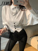 Vintage Elegant Button Solid Chiffon Shirt Spring Autumn 2023 Polo-Neck Long Batwing Puff Sleeve Slim Blouse Women's Clothes