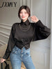 Vintage Elegant Button Solid Chiffon Shirt Spring Autumn 2023 Polo-Neck Long Batwing Puff Sleeve Slim Blouse Women's Clothes