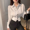 Vintage Elegant Button Solid Chiffon Shirt Spring Autumn 2023 Polo-Neck Long Batwing Puff Sleeve Slim Blouse Women's Clothes