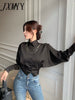 Vintage Elegant Button Solid Chiffon Shirt Spring Autumn 2023 Polo-Neck Long Batwing Puff Sleeve Slim Blouse Women's Clothes