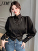 Vintage Elegant Button Solid Chiffon Shirt Spring Autumn 2023 Polo-Neck Long Batwing Puff Sleeve Slim Blouse Women's Clothes