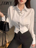 Vintage Elegant Button Solid Chiffon Shirt Spring Autumn 2023 Polo-Neck Long Batwing Puff Sleeve Slim Blouse Women's Clothes