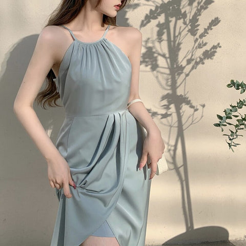 Vintage Elegant Dress Female Chiffon Camisole One Piece Dress Korean High Waist Club Evening Party Slim Strap Dress Women 2022