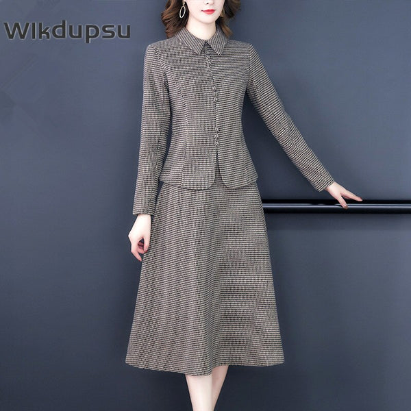 Vintage Elegant Skirt Suits Women Plaid Blazer Jacket Top & High Waist A Line Midi Long Skirt Cotton Wool Autumn Winter Clothes