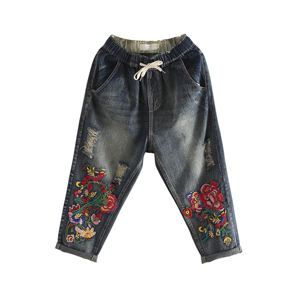 Vintage Embroidered Jeans Woman 2022 New Spring Summer Harem Jeans Women Casual Elastic Waist Denim Pants F188