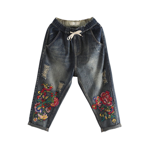 Vintage Embroidered Jeans Woman 2022 New Spring Summer Harem Jeans Women Casual Elastic Waist Denim Pants F188
