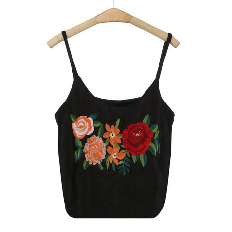 Vintage Embroidery Top Cropped For Women Floral Suede Sleeveless Summer Tanks Top Vest Canotta Top Donna#9512
