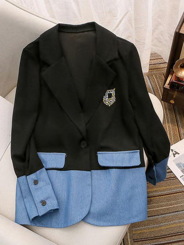 Vintage Blazer Women Color Block Patchwork Coat Notched Collar Jacket Casual Ladies Outerwear Office Lady Blazers 2023