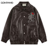 Vintage Faux Leather Motorcycle Jacket Hip Hop Embroidery Floral Letter Biker Windbreaker Bomber Jacket Casual Coat Black Brown