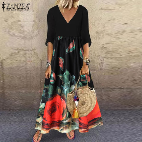 Vintage Floral Dress Women's Summer Sundress ZANZEA 2022 Casual 3/4 Sleeve Maxi Vestidos Female Printed Robe Femme