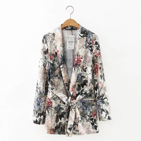 Vintage Floral Leaf Plant Ink Pattern Ethnic Slim Blazer Suits Retro Women Casual Long Sleeve Notched Sashes Coat Tops With Belt