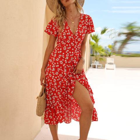Vintage Floral Print Chiffon Dress Women 2023 Summer Beach Midi Dresses Ruffles Lace Up Sexy V Neck Split Wrap Dress Vestidoss