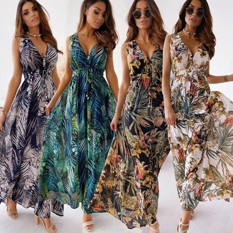 Vintage Floral Print Long Dress Women Sexy Deep V Neck Lace-Up Backless Boho Party Dresses Elegant Sleeveless Beach Maxi Dress