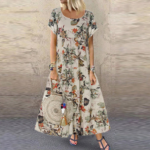 Vintage Floral Printed Long Dress Women Summer Holiday Bohemian Short Sleeve Beach Sundress Female Maxi Dress Party Vestido Robe