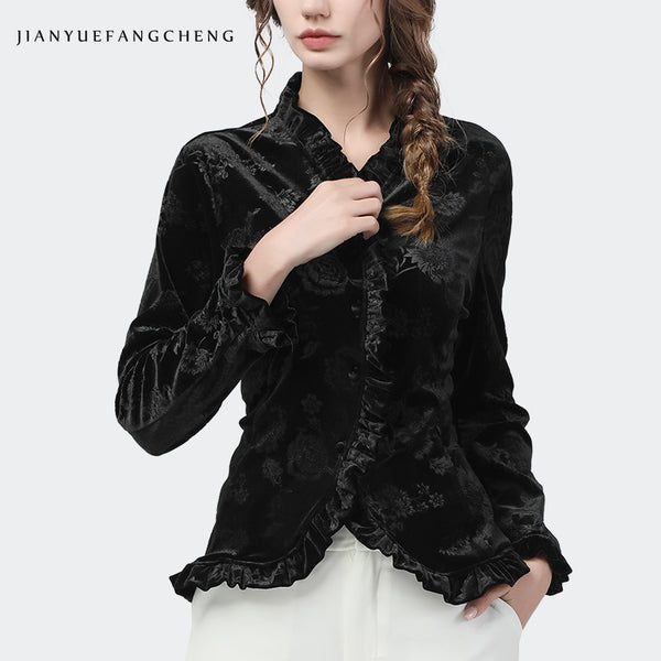 Vintage French Style Women Velour Shirts 2023 Autumn Winter Long Sleeve Embroidered Black Ladies Velvet Tops And Blouses