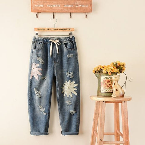 Vintage Handwork Beading Flower Loose Denim Jeans Ripped Jeans For Women Pearl Loose Pants Pantalones Vaqueros Mujer Hole Harem