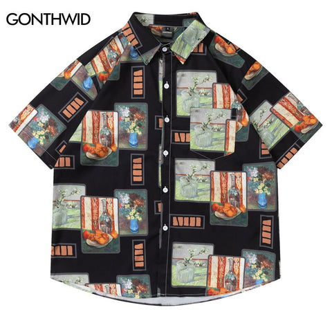 Vintage Hawaiian Shirt Streetwear Harajuku Painting Print Button Down Beach Shirts Hip Hop Casual Loose Short Sleeve Shirt Top