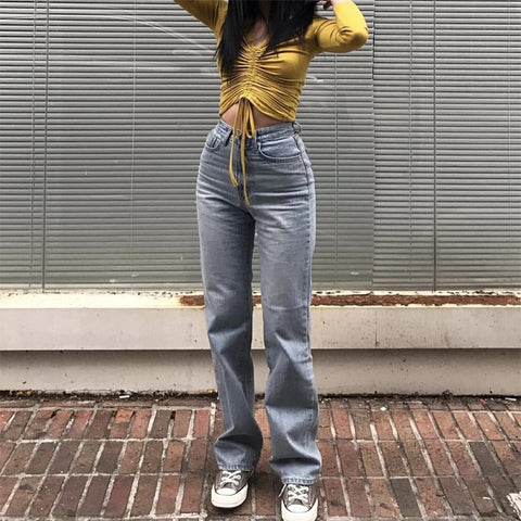 Vintage High Waist Jeans American Retro Light Blue High Waist Loose Straight Wide Leg Pants Slim Denim Long Pants Trousers Women