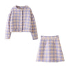 Vintage High Waist Mini Short Skirts Long Sleeve Suitssweet Women Pearl Button Black Check Gingham Plaid Blazer 2 Pieces Set
