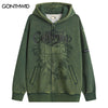 Vintage Hoodie Jackets Streetwear Hip Hop Graphic Print Punk Gothic Fleece Hooded Sweatshirt Harajuku Casual Zipper Washed Coats