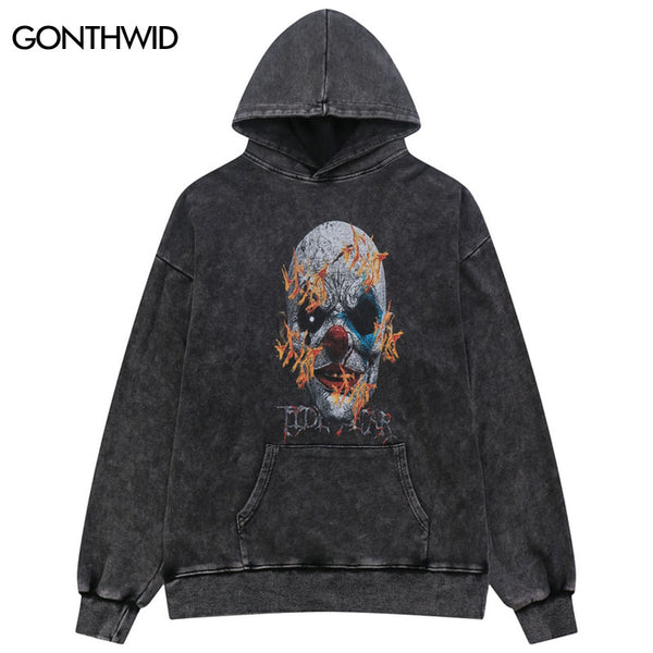 Vintage Hoodie Streetwear Grunge Hip Hop Joker Devil Print Pullover Sweatshirt Harajuku Punk Gothic Loose Washed Hooded