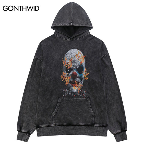 Vintage Hoodie Streetwear Grunge Hip Hop Joker Devil Print Pullover Sweatshirt Harajuku Punk Gothic Loose Washed Hooded