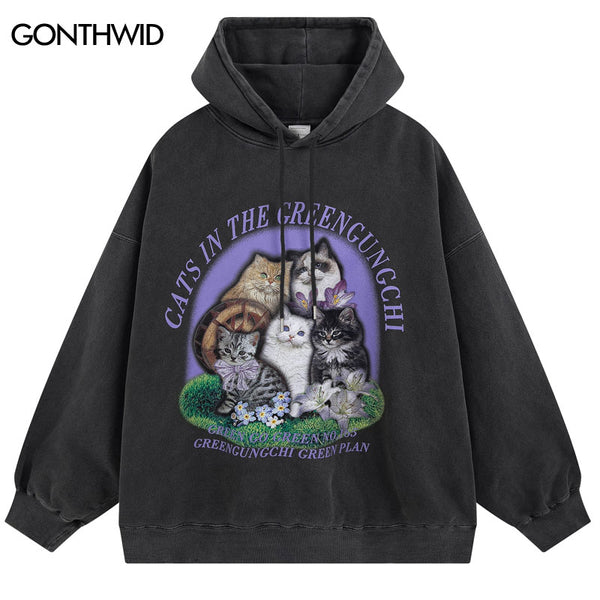 Vintage Hoodie Streetwear Hip Hop Retro Cats Print Hooded Sweatshirt Men Women Harajuku Casual Cotton Loose Pullover