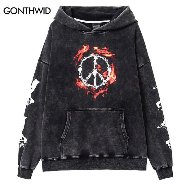 Vintage Hoodie Streetwear Hip Hop Skull Skeleton Flame Bones Print Punk Gothic Washed Hooded Sweatshirt Harajuku Casual Hoodies