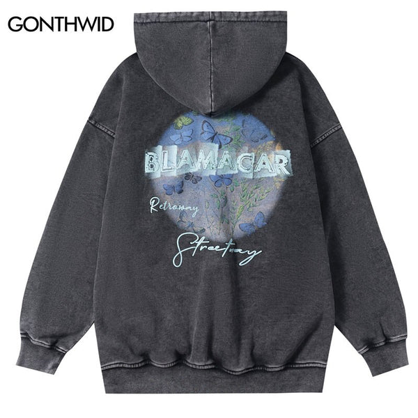 Vintage Hoodie Streetwear Sweatshirt Hip Hop Retro Butterfly Letter Print Distressed Washed Punk Gothic Hooded Harajuku Pullover