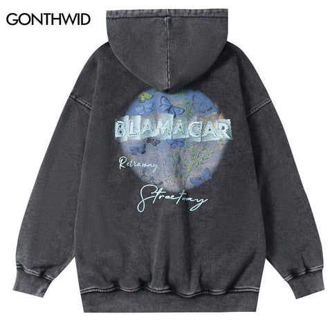 Vintage Hoodie Streetwear Sweatshirt Hip Hop Retro Butterfly Letter Print Distressed Washed Punk Gothic Hooded Harajuku Pullover