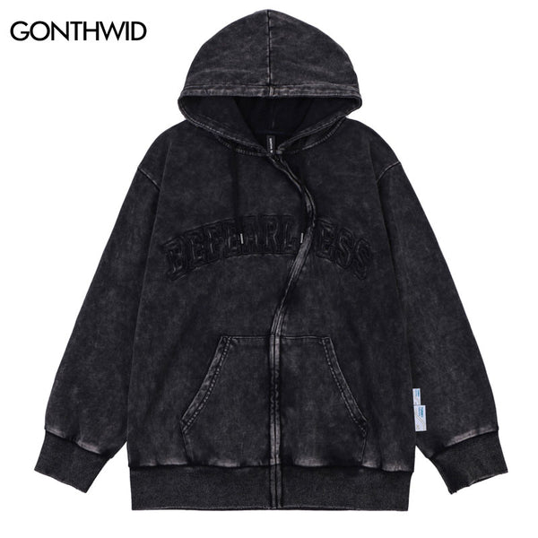 Vintage Hoodie Streetwear Y2K Grunge Zip Up Sweatshirt Coat Hip Hop Emroidery Letter Wash Hooded Jacket Harajuku Punk Gothic Top