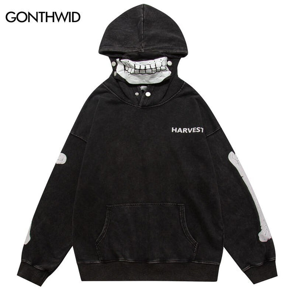 Vintage Hoodie Streetwear Y2K Hip Hop Bone Print Punk Gothic Hooded Sweatshirt with Mask Harajuku Loose Washed Pullover
