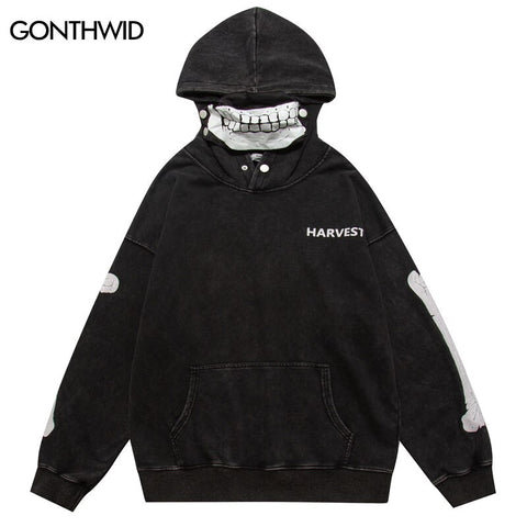 Vintage Hoodie Streetwear Y2K Hip Hop Bone Print Punk Gothic Hooded Sweatshirt with Mask Harajuku Loose Washed Pullover