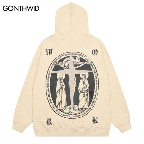 Vintage Hoodie Streetwear Y2K Hip Hop Embroidery Print Oversized Pullover Hooded Sweatshirt Harajuku Cotton Loose Tops