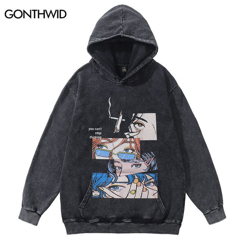 Vintage Hoodie Streetwear Y2K Hip Hop Japanese Anime Girl Print Oversized Hooded Sweatshirt Harajuku Punk Goth Pullover