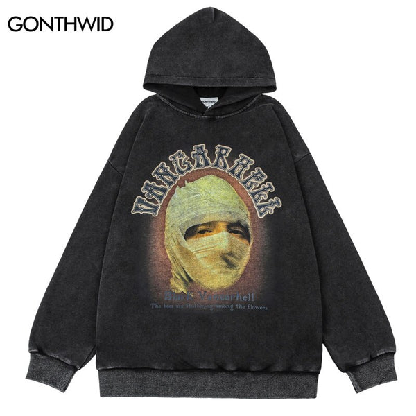 Vintage Hoodie Sweatshirt Hip Hop Retro Graphic Print Distressed Wash Punk Gothic Hooded Harajuku Casual Loose Pullover