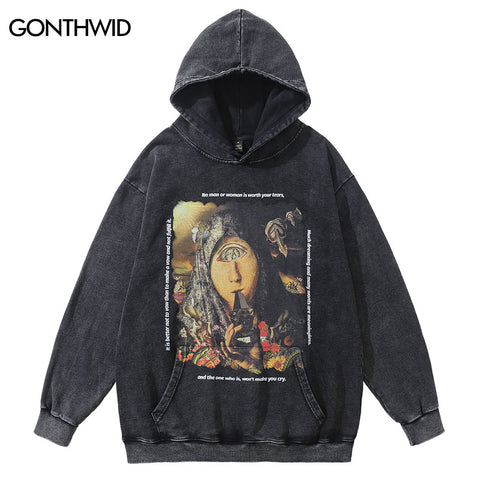 Vintage Hoodie Sweatshirt Streetwear Y2K Hip Hop Graphic Print Punk Gothic Hooded Harajuku Loose Oversized Wash Pullover