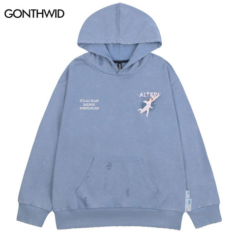 Vintage Hoodie Sweatshirt Y2K Grunge Hip Hop Angel Letter Print Ripped Destroyed Hole Hooded Streetwear Harajuku Loose Goth Tops