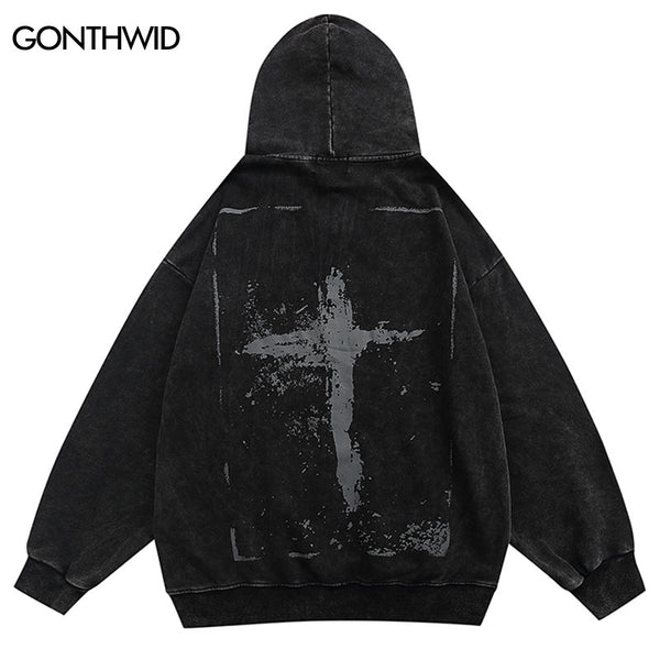 Vintage Hoodie Sweatshirt Y2K Grunge Hip Hop Cross Print Washed Hooded Streetwear Harajuku Casual Cotton Loose Punk Gothic Tops