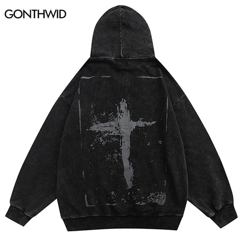 Vintage Hoodie Sweatshirt Y2K Grunge Hip Hop Cross Print Washed Hooded Streetwear Harajuku Casual Cotton Loose Punk Gothic Tops