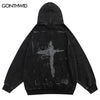 Vintage Hoodie Sweatshirt Y2K Grunge Hip Hop Cross Print Washed Hooded Streetwear Harajuku Casual Cotton Loose Punk Gothic Tops