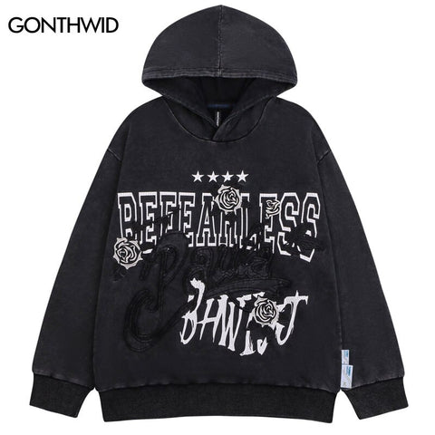 Vintage Hoodie Sweatshirt Y2K Grunge Hip Hop Embroidery Letter Floral Pullover Hooded Harajuku Loose Cotton Punk Gothic