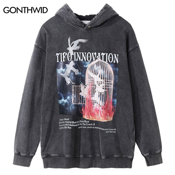 Vintage Hoodie Sweatshirt Y2K Grunge Hip Hop Flame Pigeon Print Punk Pullover Hooded Streetwear Harajuku Hoodies Heavy