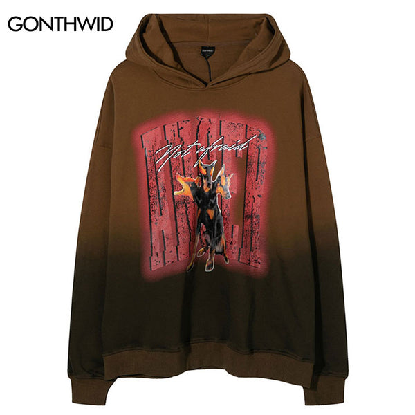 Vintage Hoodie Sweatshirt Y2K Grunge Streetwear Mens Doberman Print Tie Dye Gradient Hooded Harajuku Casual Punk Gothic Pullover