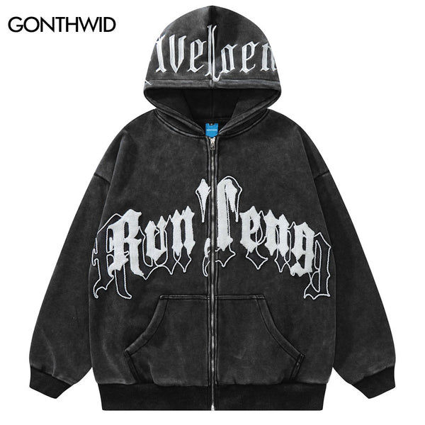 Vintage Hoodie Sweatshirt Y2K Streetwear Hip Hop Embroidery Letter Punk Gothic Fleece Hooded Coat Harajuku Zipper Jacket