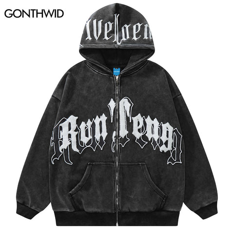 Vintage Hoodie Sweatshirt Y2K Streetwear Hip Hop Embroidery Letter Punk Gothic Fleece Hooded Coat Harajuku Zipper Jacket